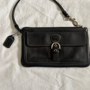 Coach Black Leather Wristlet with Silver Accents